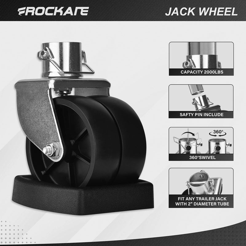 Rockane Dual 6 ' ' Trailer Jack Swivel Caster Wheel Replacement with Rubber Wheel Chock - Image 3